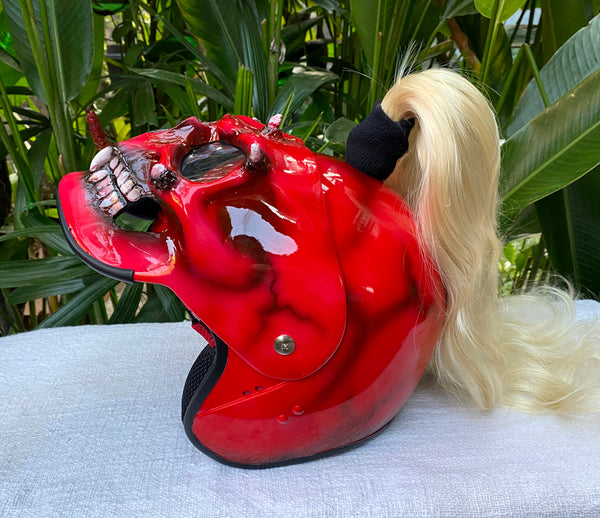 character motorcycle helmets Skull Helmet, Mortal Kombat Helmet, Helmet with Ponytail, Goro Style – Custom Airbrush Helmet