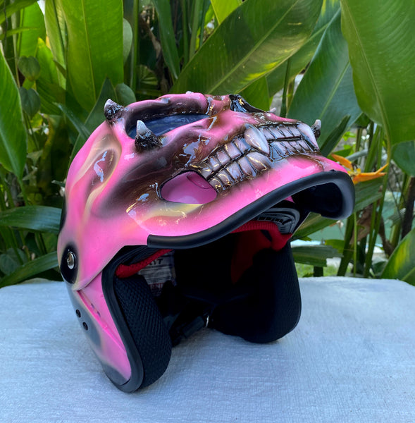 girl skull motorcycle helmet Ladies Helmet Skull Design with pink Flames Korean Style Canvas Small Office Outfits Meets And Exceeds D.O.T Raceair:No Raceair