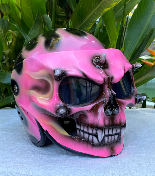 female skull motorcycle helmet Ladies Girl Helmet Skull Design with pink Flames CAIMAN-GT | Tica Fishing finger release Color:Laser Red Head Deep powder