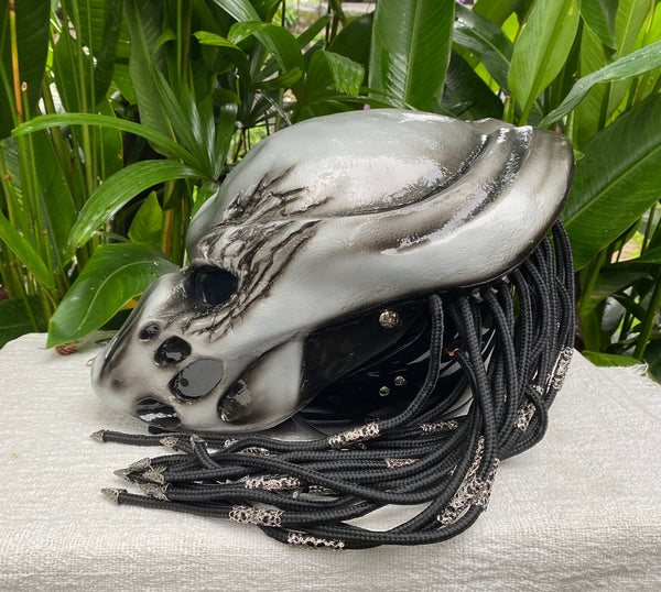 airbrush motorcycle helmet u.s not predator Predator Helmet Sliver Airbrushed Motorcycle Helmet with Dreads – Custom Airbrush Helmet
