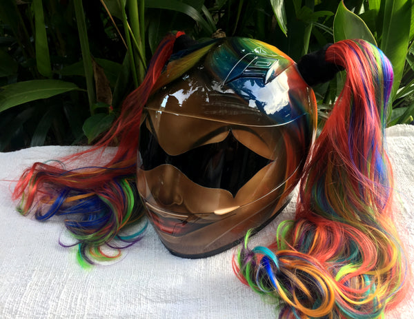 Harley Quinn Helmet Girl Tan Helmet Girls Helmet Amazing Rainbow Ponytails – Custom Airbrush Helmet