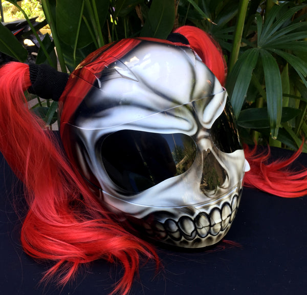 festher skull motorcycle helmet Girls Helmet Skull Helmet Sugar Skull Custom Airbrush Helmet Pigtails