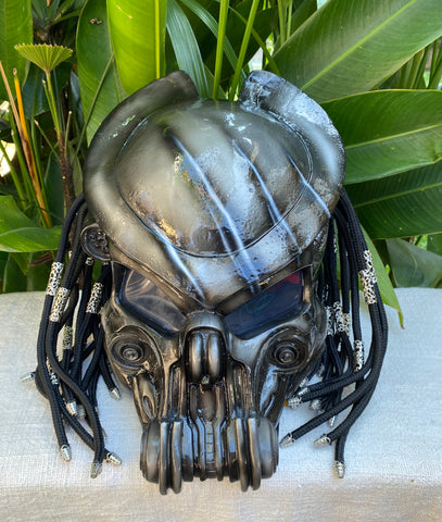 Silver Black Predator Robot Motorcycle Helmet Custom Helmet with Laser and Dreads