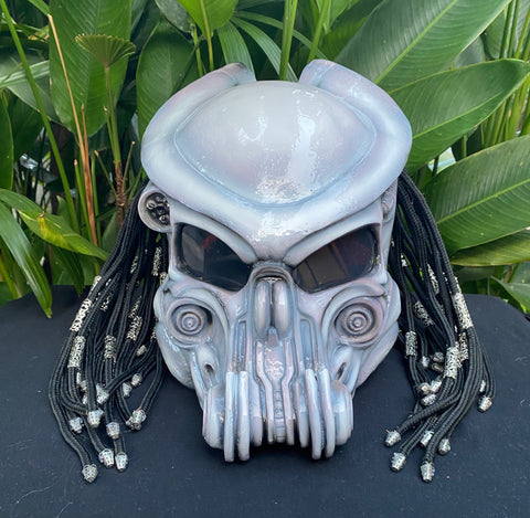 White Knight Predator Robot Motorcycle Helmet Custom Helmet with Dread – Custom Airbrush Helmet