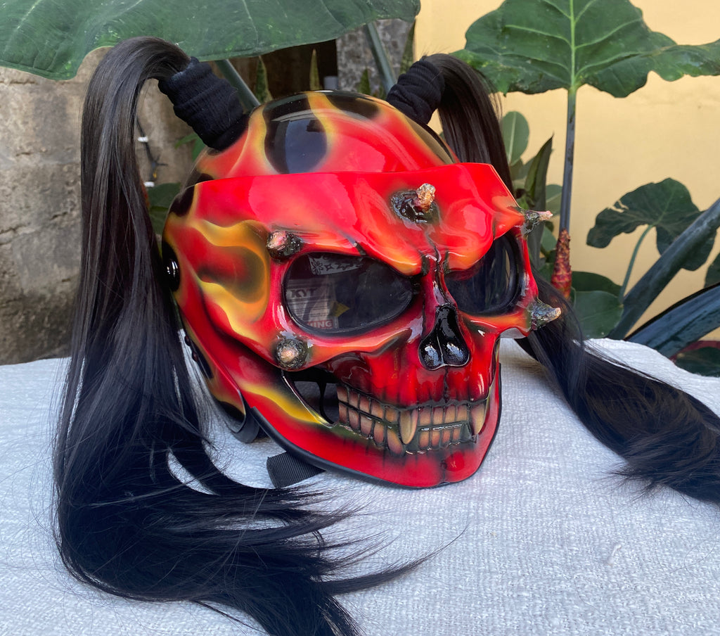 Skull On Fire Helmet for Girls Custom Helmet with Pretty long pigtails