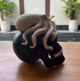 Black Wood Carved Human Skull Sculpture with Octopus Carving made from Antler