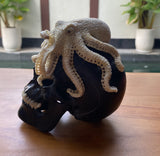 Black Wood Carved Human Skull Sculpture with Octopus Carving made from Antler