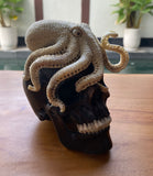 Black Wood Carved Human Skull Sculpture with Octopus Carving made from Antler
