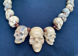 19'' Long Natural Wood Carved Skull Pendant Necklace with 29 carved mini skulls