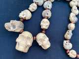 19'' Long Natural Wood Carved Skull Pendant Necklace with 29 carved mini skulls