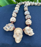 19'' Long Natural Wood Carved Skull Pendant Necklace with 29 carved mini skulls