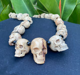 27 Mini Skulls Carved Wooden Necklace - Biker Gothic Pendant, 18 Inch