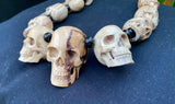 27 Mini Skulls Carved Wooden Necklace - Biker Gothic Pendant, 18 Inch