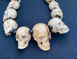 27 Mini Skulls Carved Wooden Necklace - Biker Gothic Pendant, 18 Inch