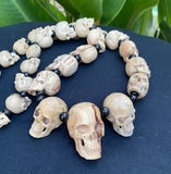 27 Mini Skulls Carved Wooden Necklace - Biker Gothic Pendant, 18 Inch