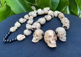 27 Mini Skulls Carved Wooden Necklace - Biker Gothic Pendant, 18 Inch