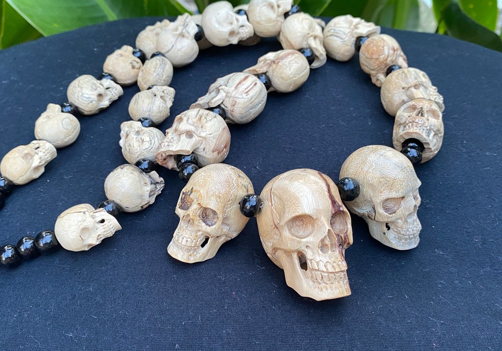 27 Mini Skulls Carved Wooden Necklace - Biker Gothic Pendant, 18 Inch