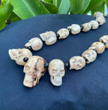 27 Mini Skulls Carved Wooden Necklace - Biker Gothic Pendant, 18 Inch