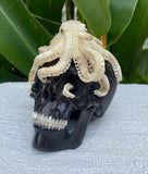 Black Wood Carved Human Skull Sculpture with Octopus Carving made from Antler