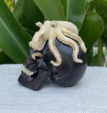 Black Wood Carved Human Skull Sculpture with Octopus Carving made from Antler