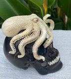 Black Wood Carved Human Skull Sculpture with Octopus Carving made from Antler