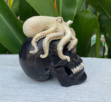 Black Wood Carved Human Skull Sculpture with Octopus Carving made from Antler