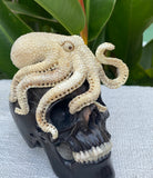Black Wood Carved Human Skull Sculpture with Octopus Carving made from Antler