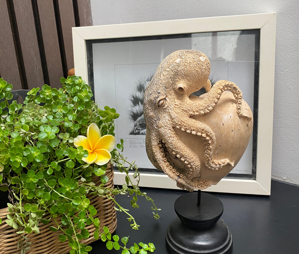 Hand Carved 10''standing Octopus on Heart oddities Carved Wooden Heart Statue