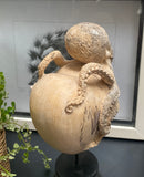 Hand Carved 10''standing Octopus on Heart oddities Carved Wooden Heart Statue
