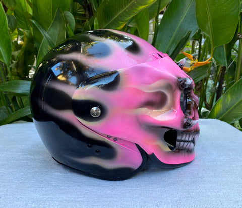 Ladies Motorcycle Skull Helmet Girl Helmet Skull Design with pink Flam – Custom Airbrush Helmet