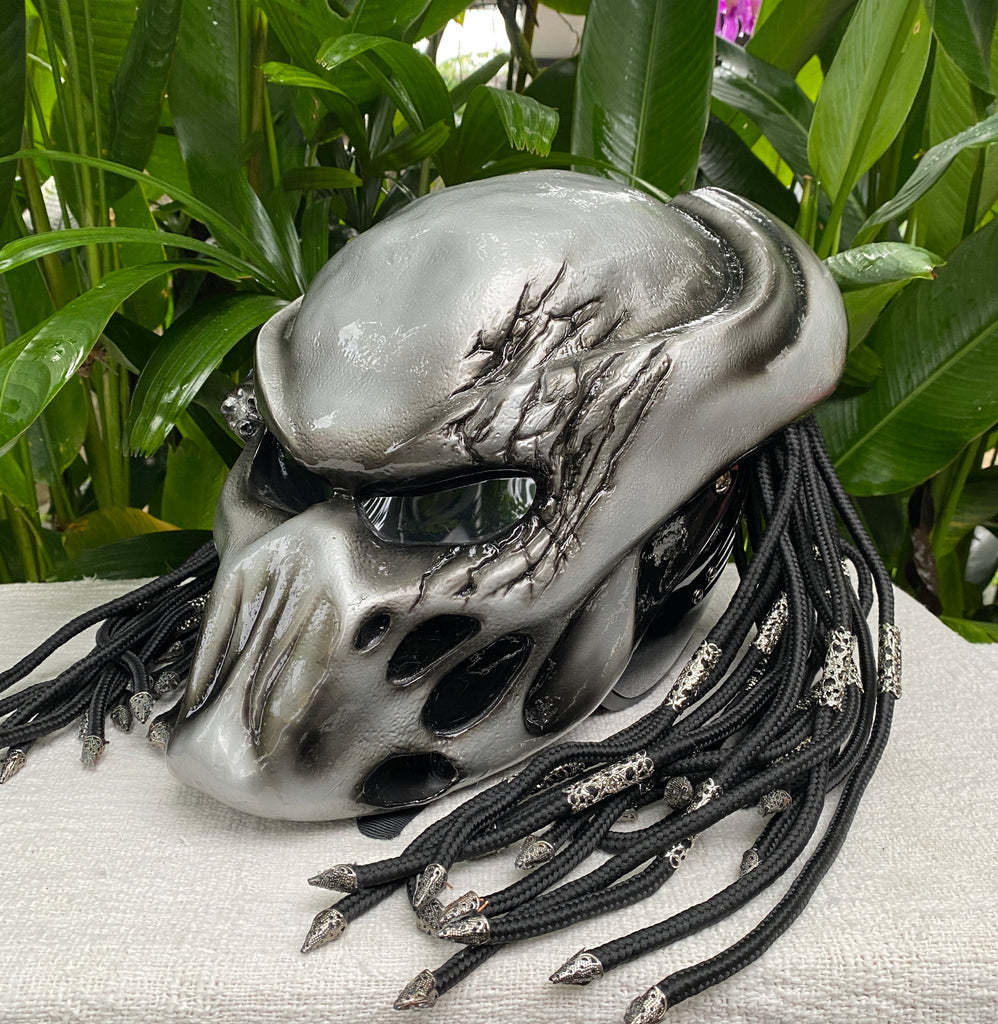 Predator Helmet Sliver Airbrushed Motorcycle Helmet with Dreads