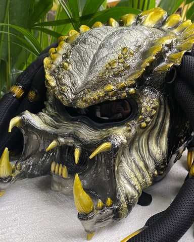 custom motorcycle helmet sharp teeth Silver predator motorcycle helmet with Dreads and Fangs – Custom Airbrush Helmet