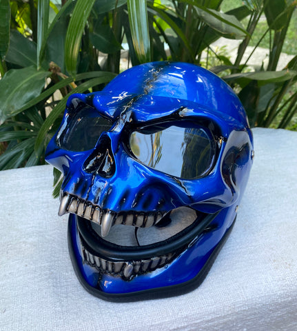 blue skull motorcycle helmet Skull Helmet Blue Metallic Custom Helmet