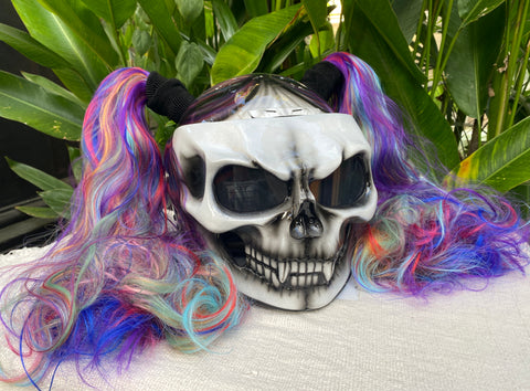 girls custom painted full face motorcycle helmets with mowhawk Girls Helmet Skull Rainbow Ponytails Custom Airbrush Girls Helmet bada – Custom Airbrush Helmet