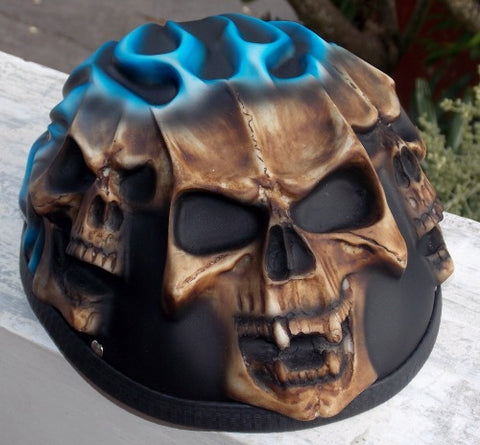 Low Profil Cruiser Half Motorcycle Helmet Skull Death Blue Fire Skulls