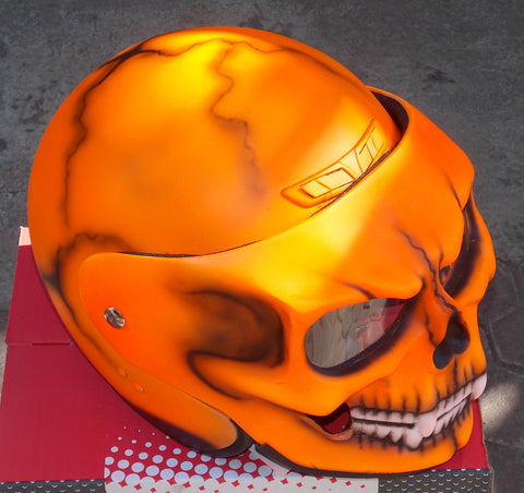 Helmet with Skull Visor in a bright Orange – Custom Airbrush Helmet
