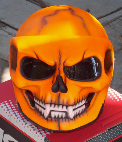 custom orange motorcycle helmet Helmet with Skull Visor in a bright Orange – Custom Airbrush Helmet
