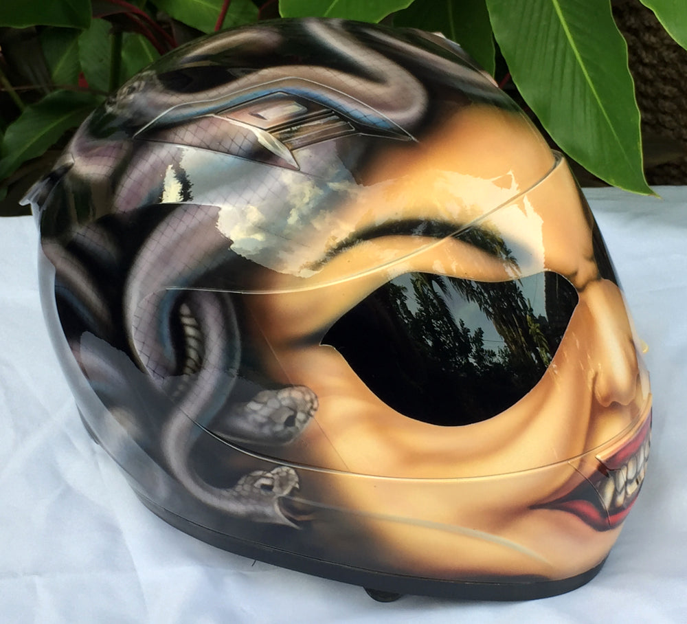 exclusive custom motorcycle helmets Medusa Airbrush Helmet Furious Greek Monster Snake Hair – Custom Airbrush Helmet