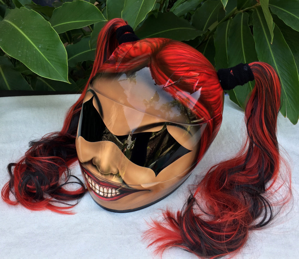 baddest ass motorcycle helmet harley Custom Helmet Harley Quinn Black Red Ponytails Sexy & Cute – Custom Airbrush Helmet