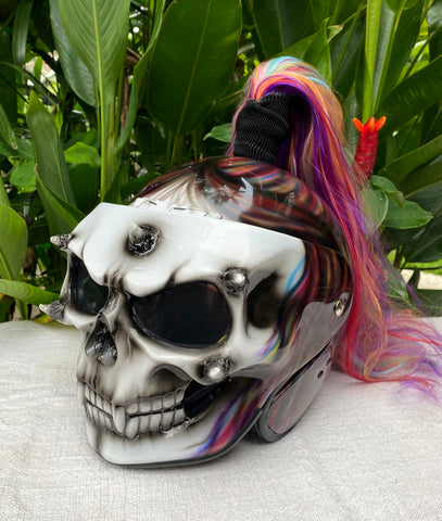 custom female motorcycle helmets Skull DOT Helmet Ponytail Rainbow Hair Custom Helmet Goro Style Airbrush