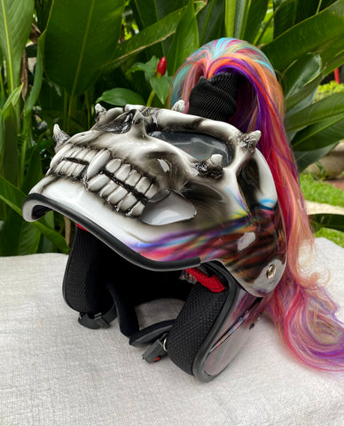 Skull DOT Helmet Ponytail Rainbow Hair Custom Helmet Goro Style Airbru – Custom Airbrush Helmet