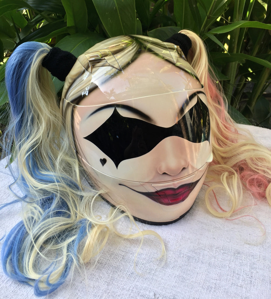 blond motorcycle helmet Girls Helmet Harley Quinn The Joker Girls Helmet Blonde Ponytails DC H – Custom Airbrush Helmet