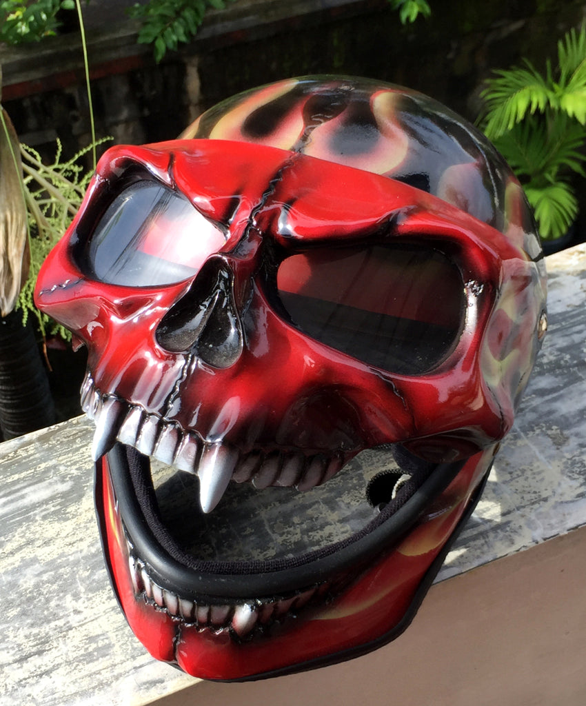 Burning Skull Hellfire Motorcycle Helmet Airbrushed Red Flames
