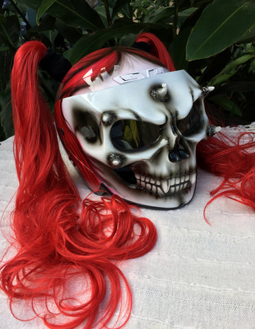 festher skull motorcycle helmet Grils Skull Motorcycle Helmet with Cute Red Hair Ponytails – Custom Airbrush Helmet