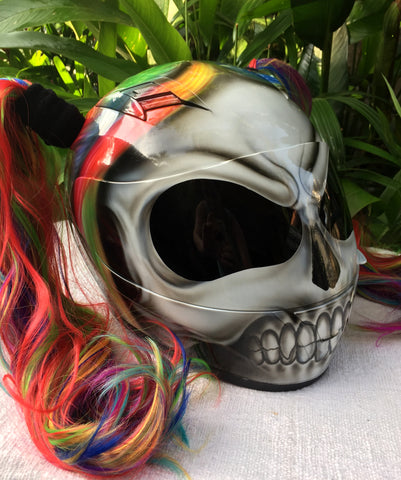 custom painted mushroom motorcycle helmets for women Rainbow Pigtail Girls Skull Helmet Sugar Skull Cute Biker Girls Helmet – Custom Airbrush Helmet
