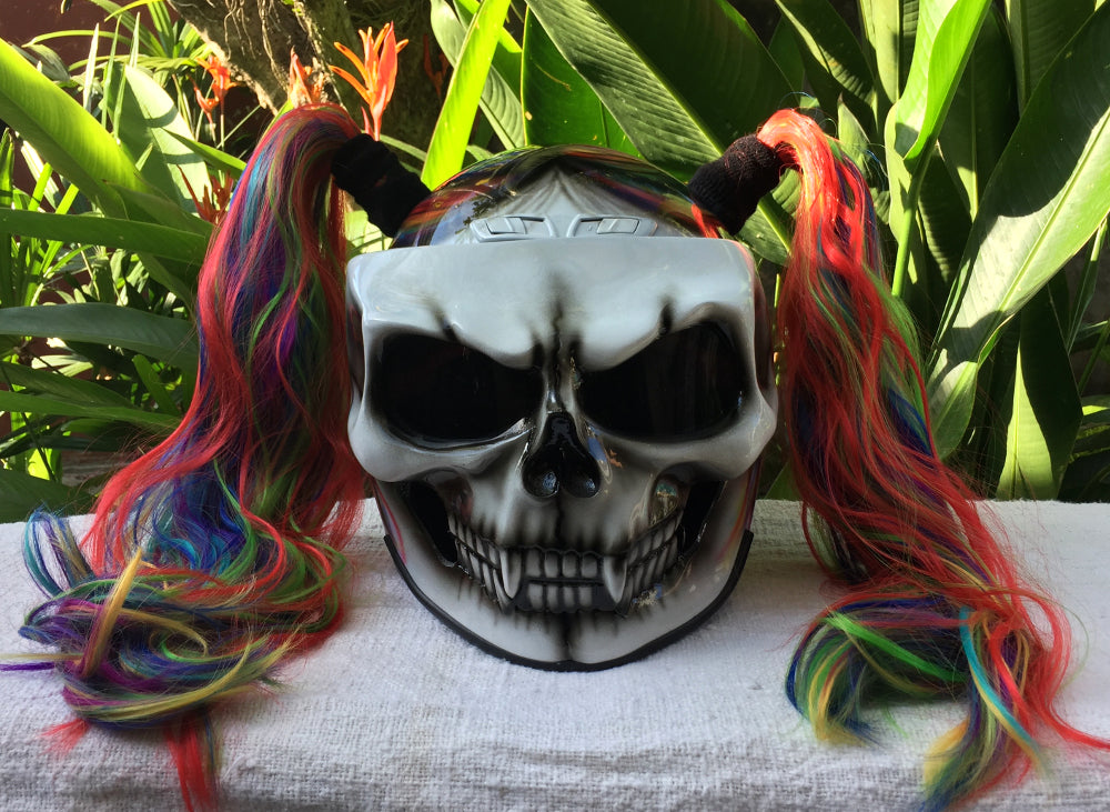 White Skull Rainbow Ponytails Custom Airbrush Girls Helmet
