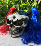 Girls Helmet Biker Red Blue Hair Ponytail Ghost Rider White Skull