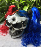 Girls Helmet Biker Red Blue Hair Ponytail Ghost Rider White Skull