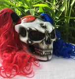 Girls Helmet Biker Red Blue Hair Ponytail Ghost Rider White Skull