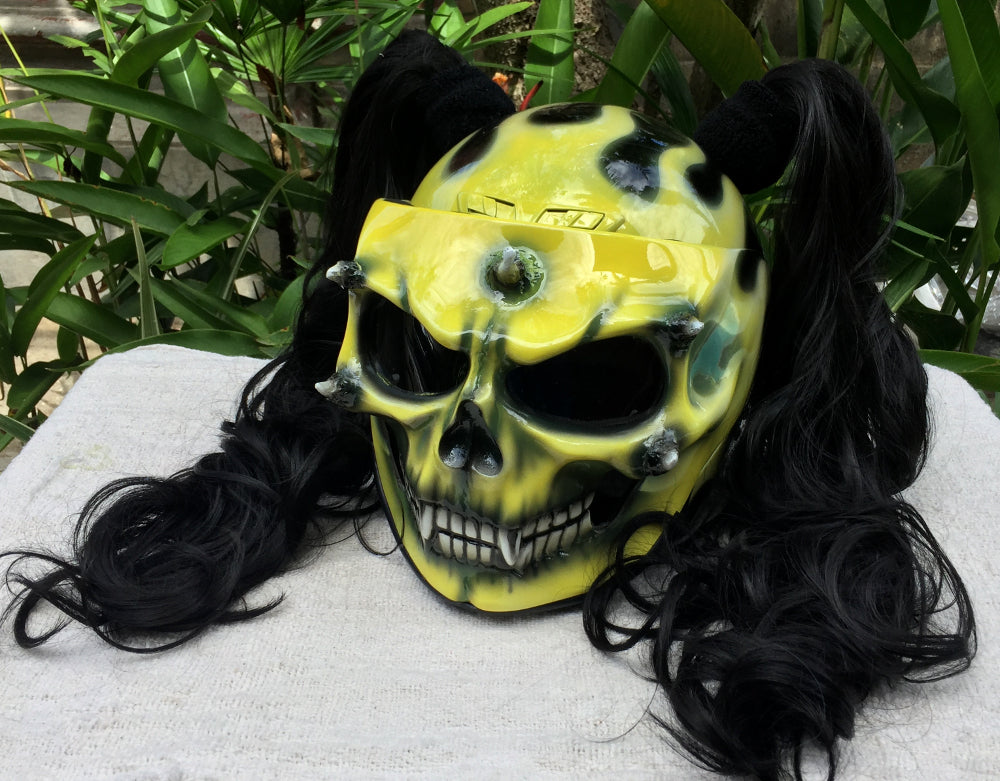 Ponytails Girls Helmet Grim Reaper on Fire in Yellow Black Piggytails Ponytails Girls Helmet Grim Reaper on Fire in Yellow Black Piggytails